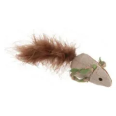 SOURIS EN LIN ET CHANVRE NATUREL AVEC PLUME ET HERBE À CHAT 16X5 CM